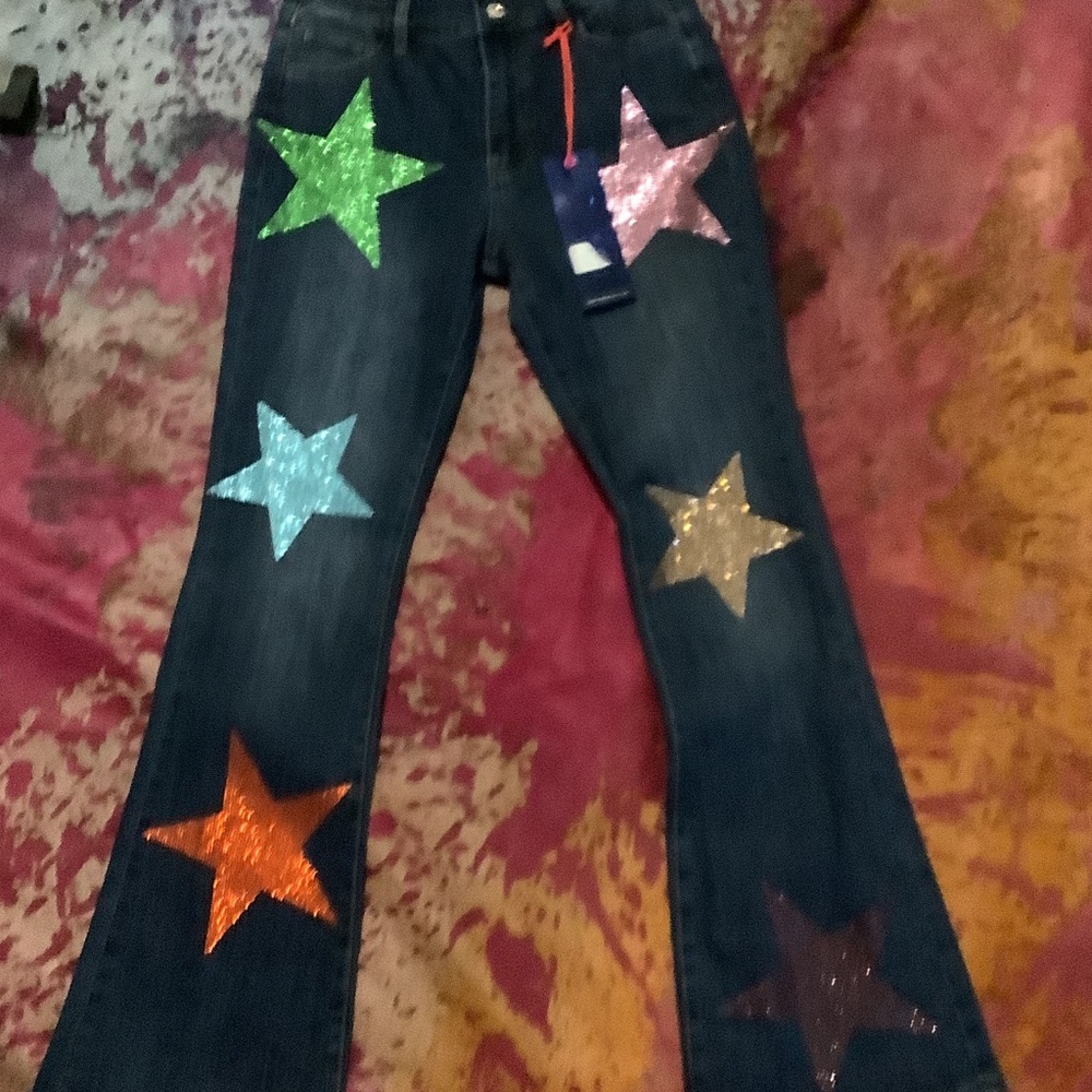 Star Patterned Jeans with Multicolor Rhinestones